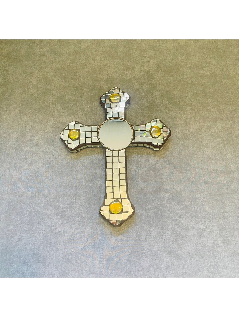 Vintage Hecho En Mexico Mosaic Glass Cross Art Silver Mirror Amber Gems 15.5"